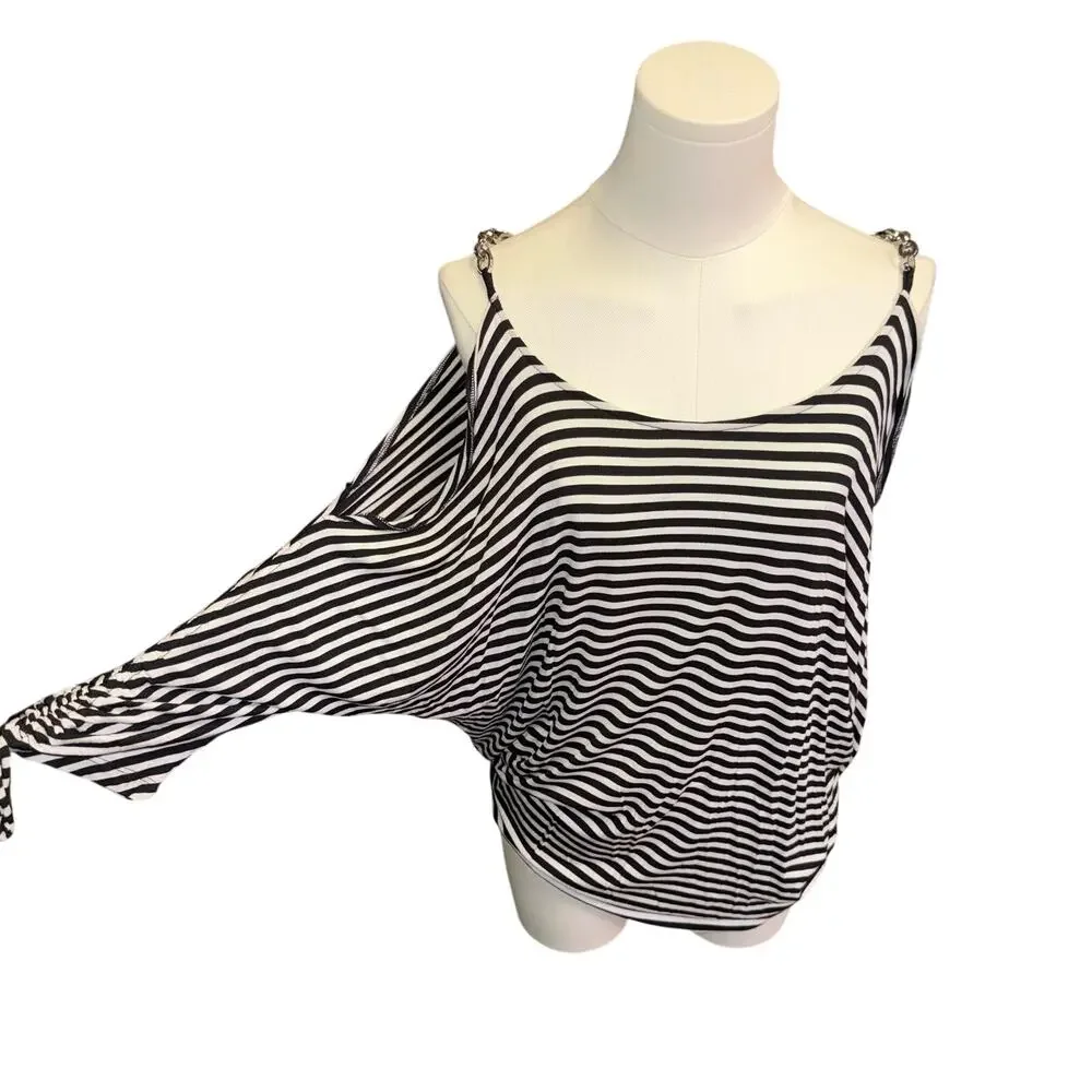 Michael Kors Cold Shoulder Top L Striped Black White Chain Strap